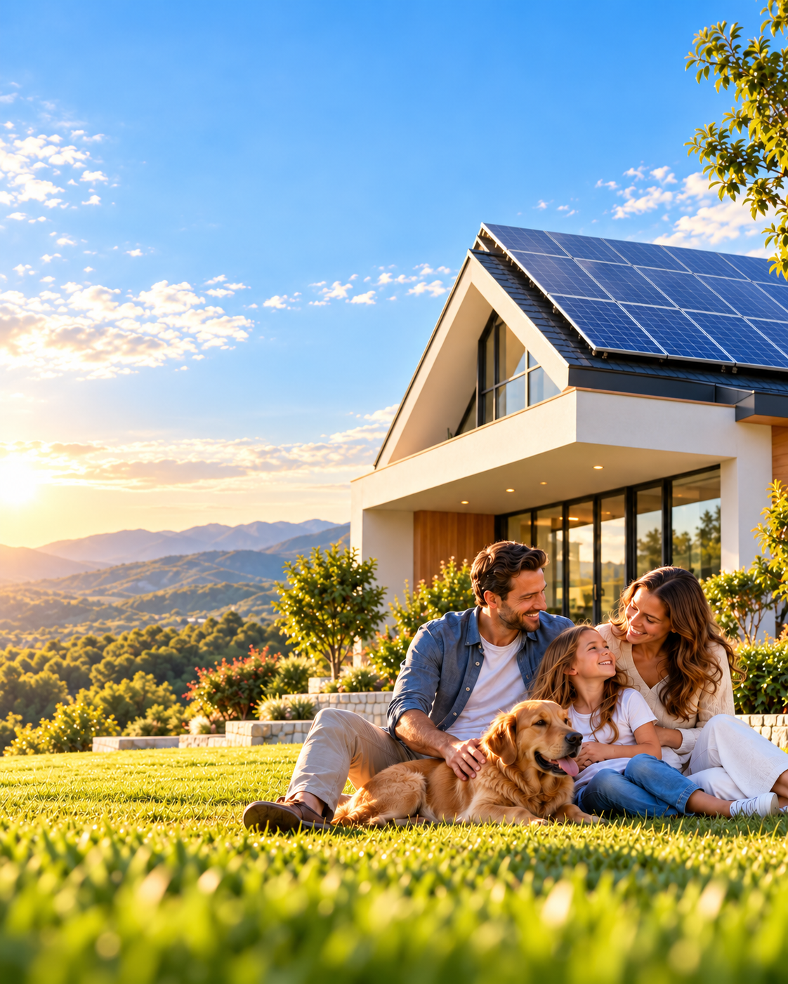 Família em casa com sistema de energia solar instalado no telhado